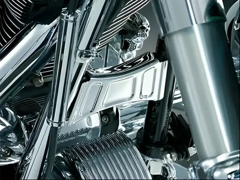 Chrome motorcycle engine detail featuring Downtube Cross Brace for Kuryakyn 7774