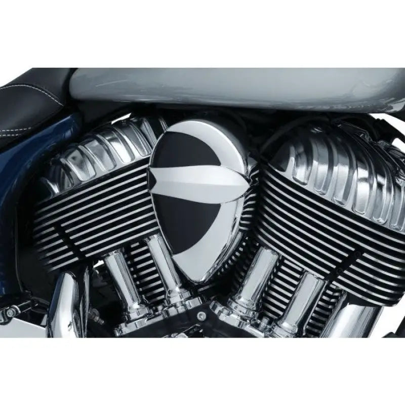 Motorcycle horn cover from John Shope Series with chrome accents on engine