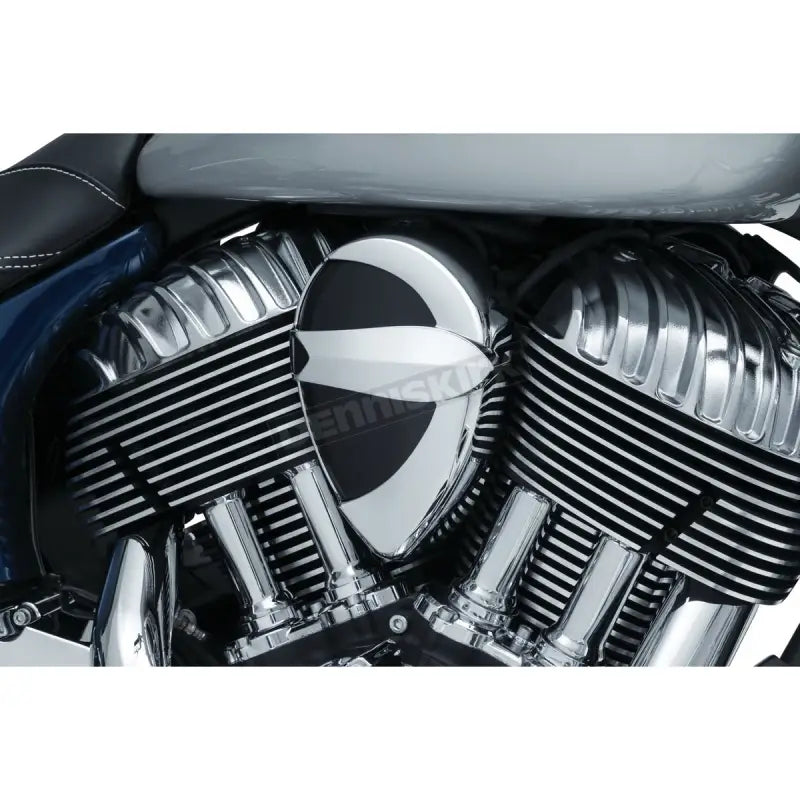Motorcycle horn cover from John Shope Series with chrome accents and engine details