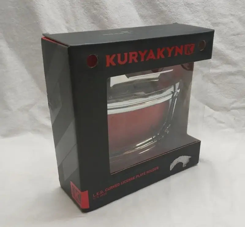 Black box with red motorcycle accessory for Kuryakyn L.E.D. Curved License Plate Frame Indian Chrome