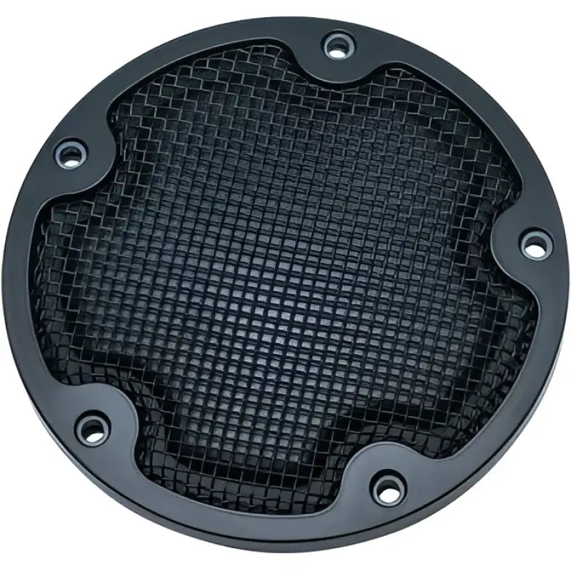 Black circular speaker grill on Kuryakyn Mesh Derby Cover for a sleek derby cover look
