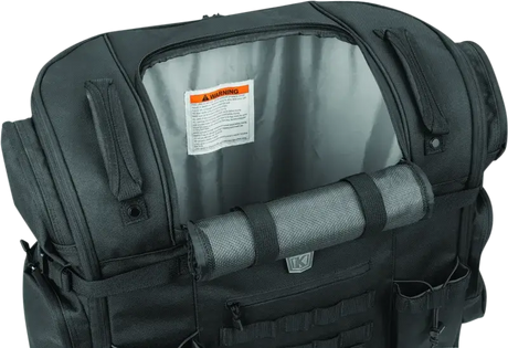 Open black motorcycle luggage bag on Kuryakyn Pet Palace Titan for easy pet travel