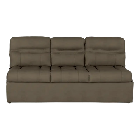 Lippert Comp Jacknife Sofa-68’ with a comfy three-cushion taupe sofa in the pic