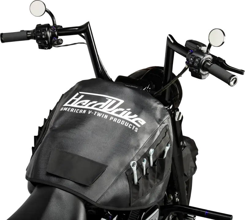 Black Mechanix Service Cover motorcycle tank bag with tool pockets for easy access