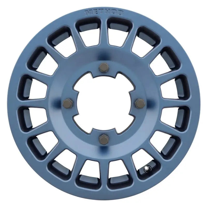 Blue metal Method MR407 Bead Grip wheel with geometric cutouts for Bahia Blue car upgrade