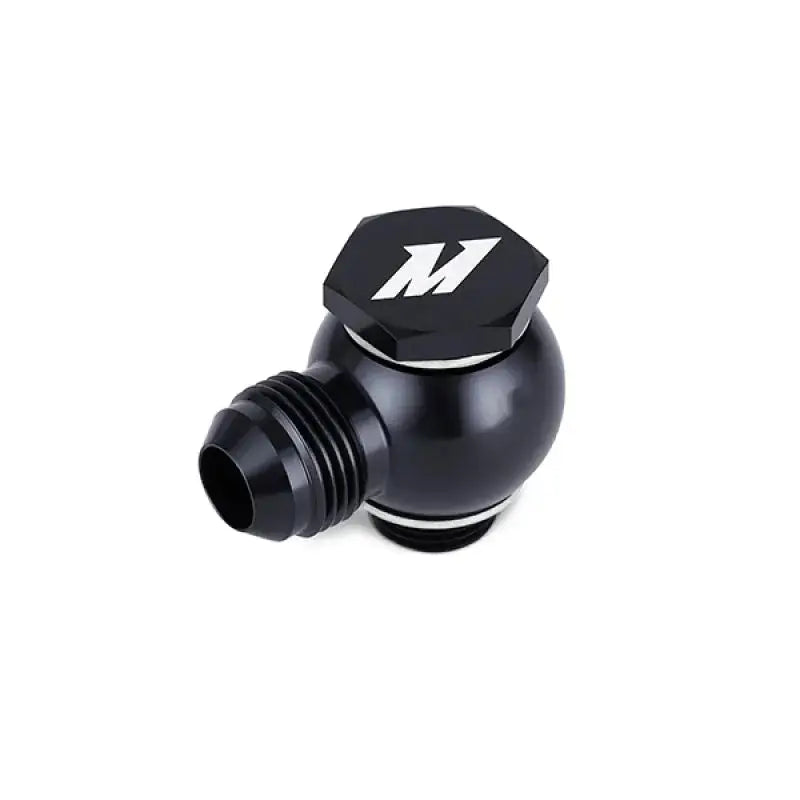 Black aluminum fluid fitting for Mazda RX8 primary replacement oil line upgrade