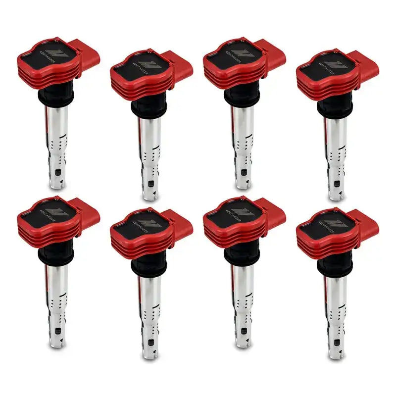 Eight red and silver ignition coils from Mishimoto Audi eight cylinder coil set
