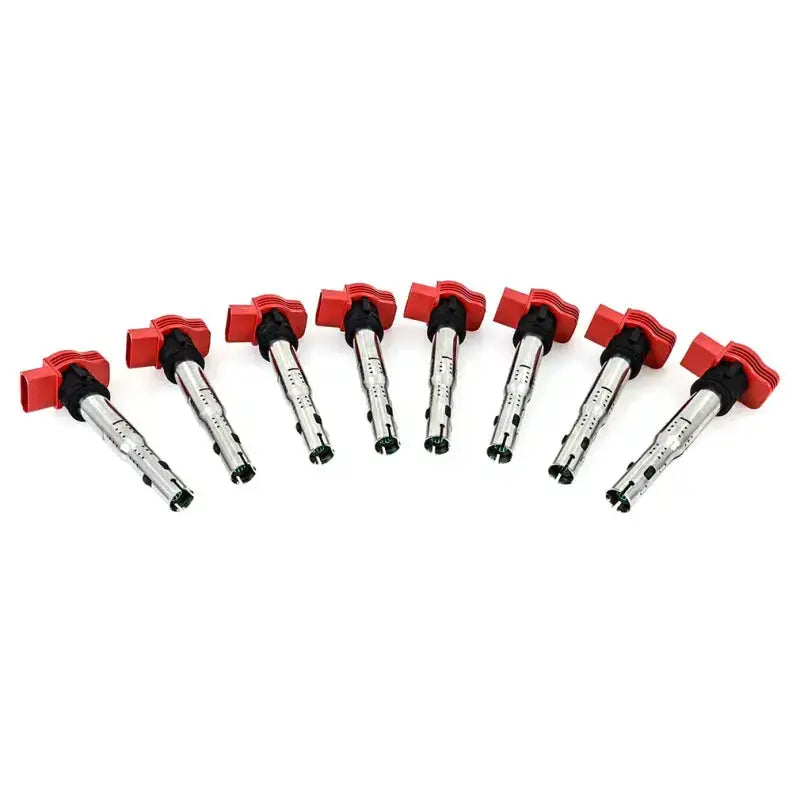 Eight red-topped ignition coils from Mishimoto Audi Eight Cylinder coil set