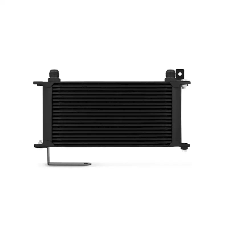 Black WRX STI oil cooler with mounting bracket in Mishimoto oil cooler kit