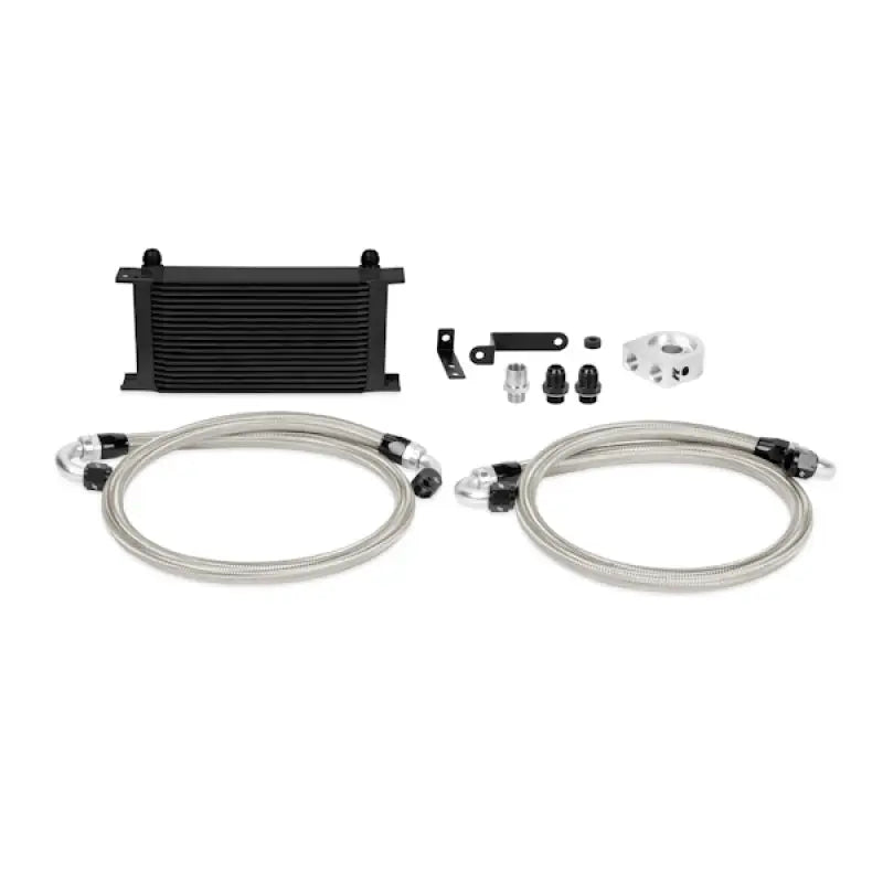 Black Mishimoto Oil Cooler Kit with Braided Hoses for WRX STI reduces engine temps