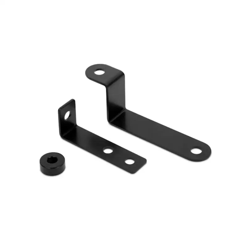 Black metal mounting brackets and spacer for WRX STI oil cooler kit setup