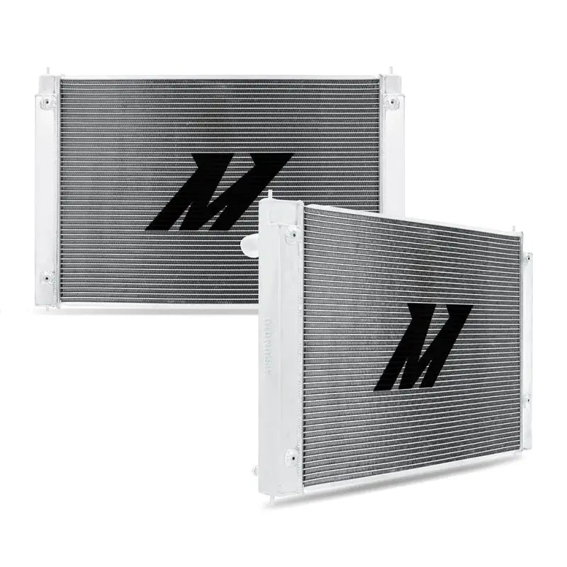 Two white aluminum radiators for Nissan 370Z improve cooling efficiency with Mishimoto