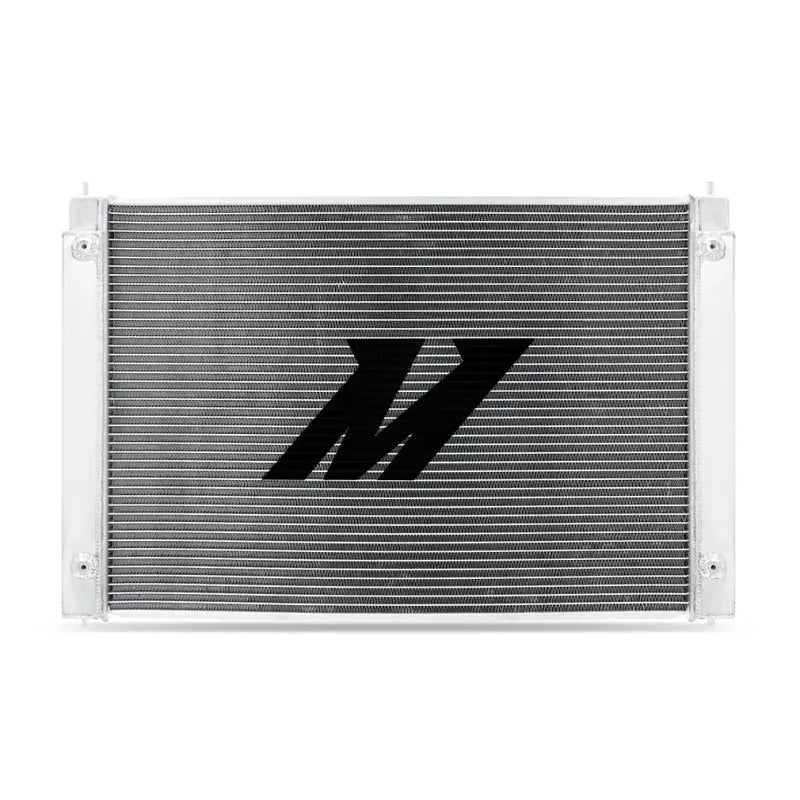 Silver aluminum radiator for Nissan 370Z boosts cooling efficiency in Mishimoto product