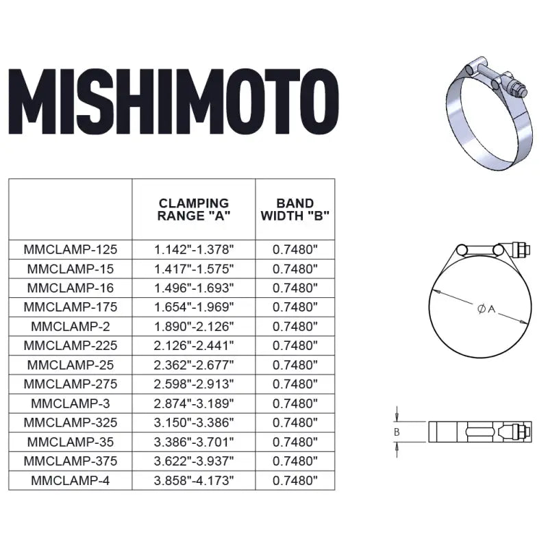 Hose clamp sizing chart for Mishimoto 1.25 inch stainless steel T-bolt clamps gold