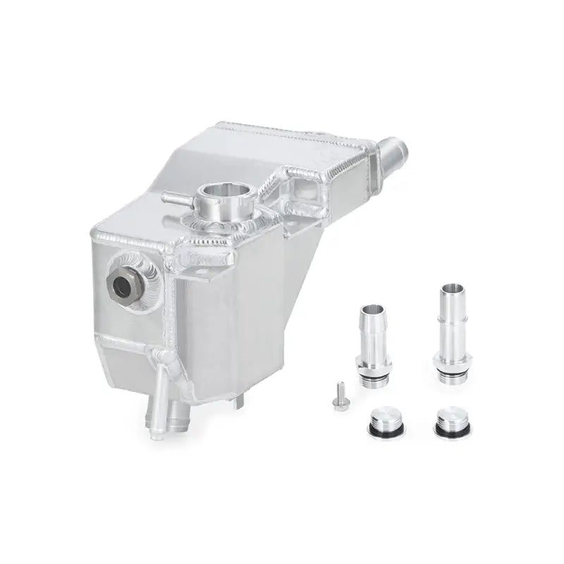 Silver aluminum secondary expansion tank with fittings for Ford 6.7L Powerstroke engine