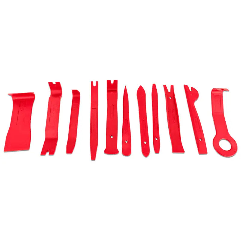 Mishimoto 11-piece trim removal tool set in red, constructed from durable impact-resistant nylon, designed for safe removal of vehicle interior and exterior trim panels, includes cloth pouch for organization and transport.