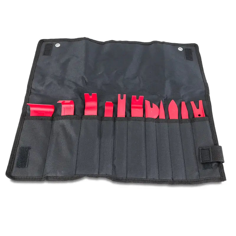 Mishimoto 11-piece trim removal tool set in a black cloth pouch, featuring red impact-resistant nylon tools for safe trim removal.