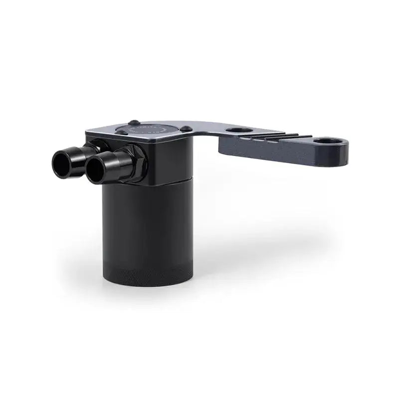 Black cylindrical BMW F8X baffled oil catch can with mounting bracket in Mineral Gray