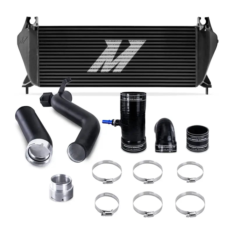 Mishimoto 2019+ Ford Ranger 2.3L EcoBoost Performance Intercooler Kit in Black with MWBK Pipes, Silicone Boots, and Worm Gear Clamps.