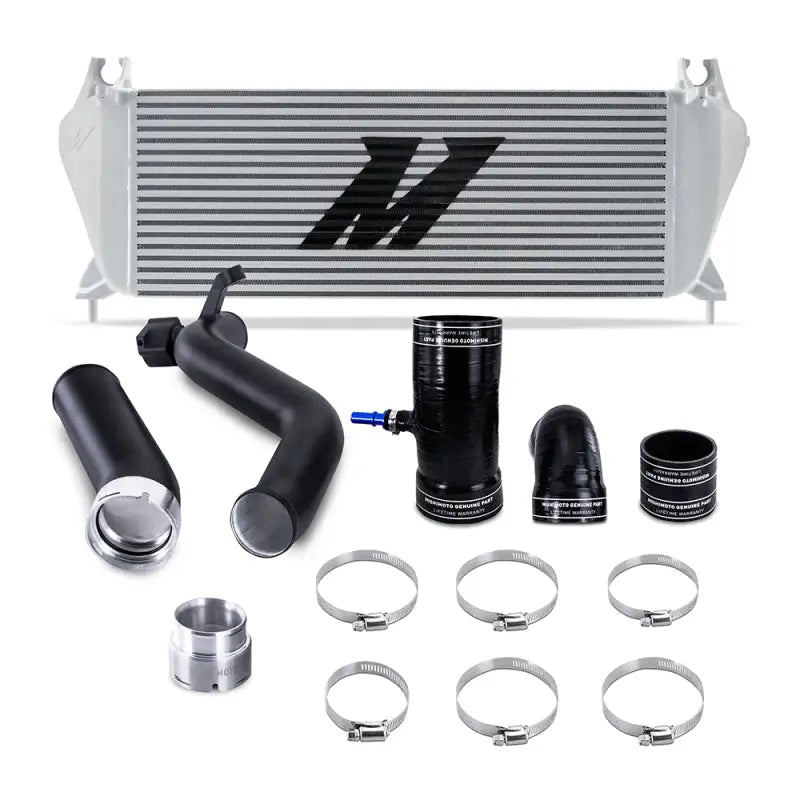 Mishimoto 2019+ Ford Ranger 2.3L EcoBoost intercooler kit with silver intercooler and black MWBK pipes, silicone boots, and high-torque worm gear clamps.