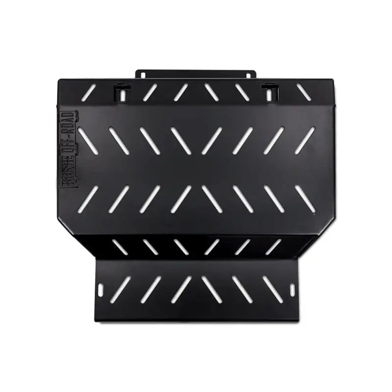 Black metal Ford F-150 Raptor skid plate with slotted vents for rugged protection