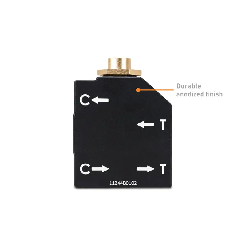 Black metal thermal bypass valve with labeled ports for Mishimoto RAM 6.7L Cummins