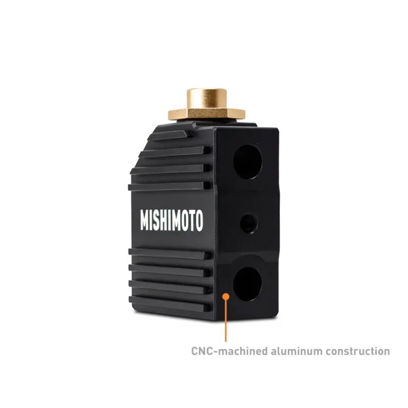 Black aluminum Mishimoto thermal bypass with brass fitting for RAM 6.7L Cummins