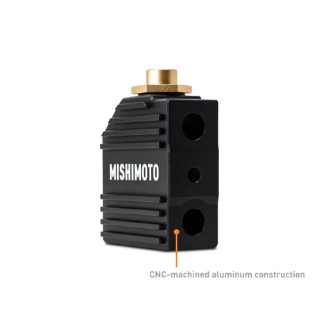 Black aluminum Mishimoto thermal bypass with brass fitting for RAM 6.7L Cummins