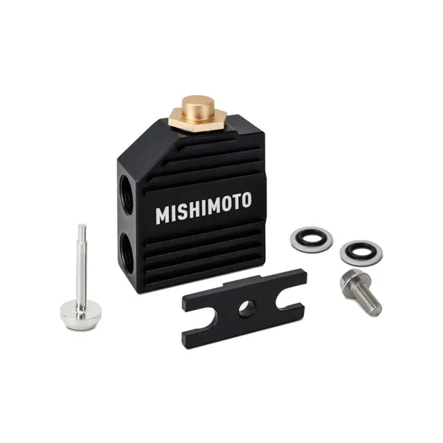 Black Mishimoto oil cooler with hardware for 2019+ RAM 6.7L Cummins thermal bypass valve