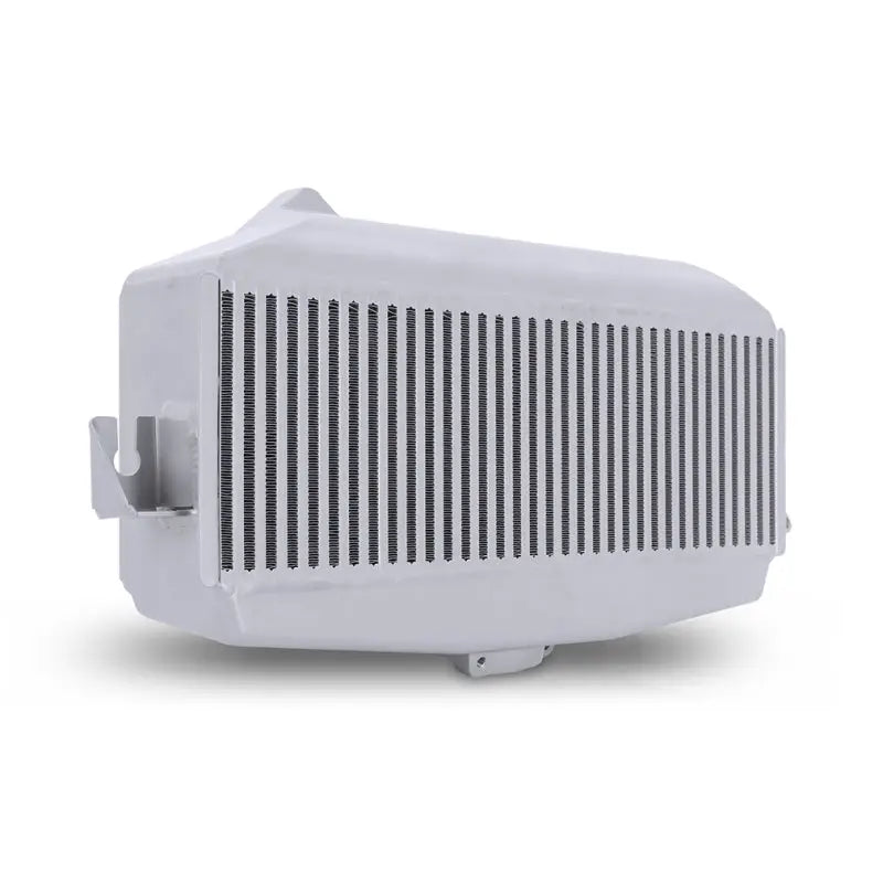 White Subaru WRX top-mount intercooler with vertical fins for improved performance