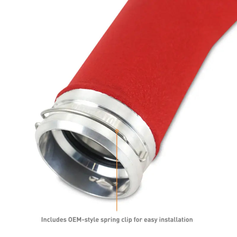 Red hose with metal spring clip from Mishimoto WRX TMIC kit with red pipes