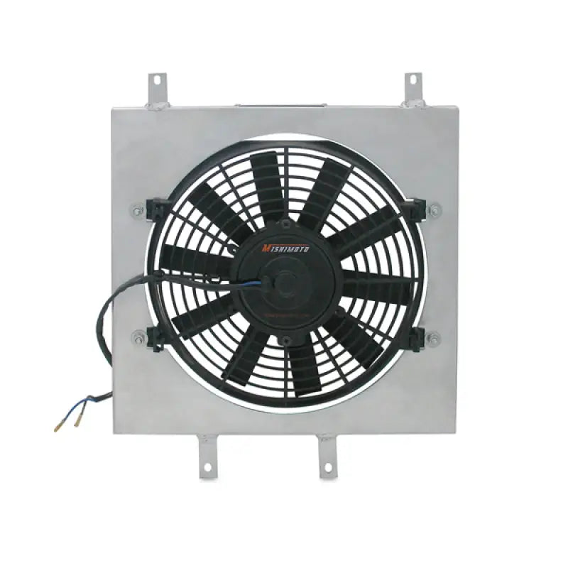 Square-framed electric cooling fan with fan shroud for Mishimoto race radiator kit