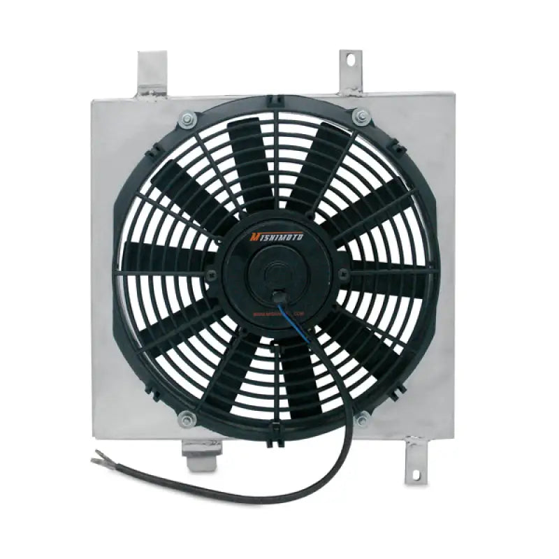 Square aluminum radiator fan with black blades attached to Mishimoto race radiator fan shroud kit