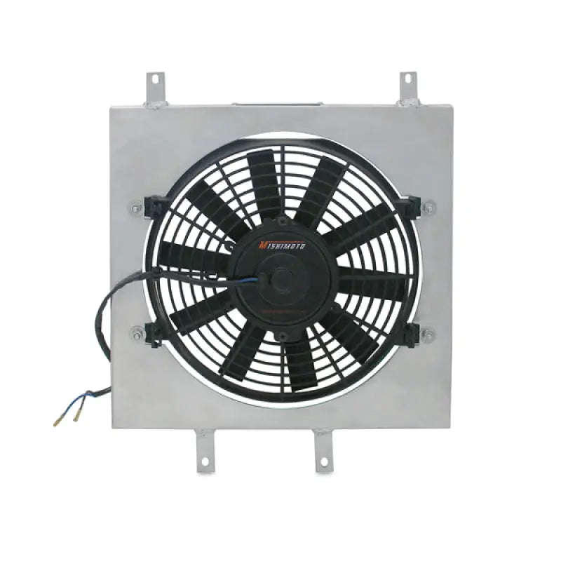 Silver radiator fan with black blades in Mishimoto race radiator fan shroud kit