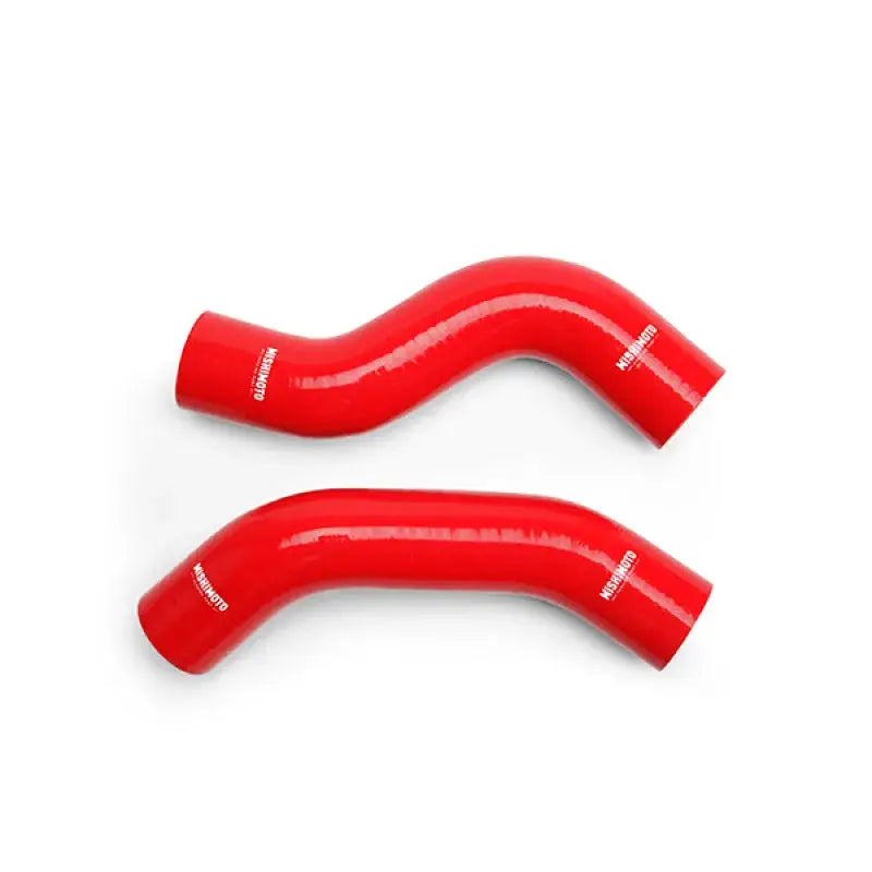 Two red silicone hoses from Mishimoto Subaru Impreza silicone hose kit for 99-01 models