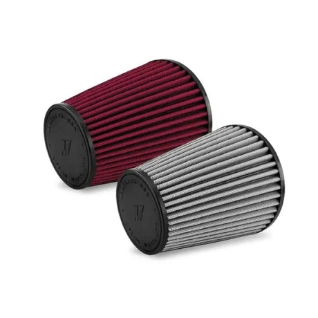 Two cylindrical Mishimoto air filters for improved airflow and easy cleaning