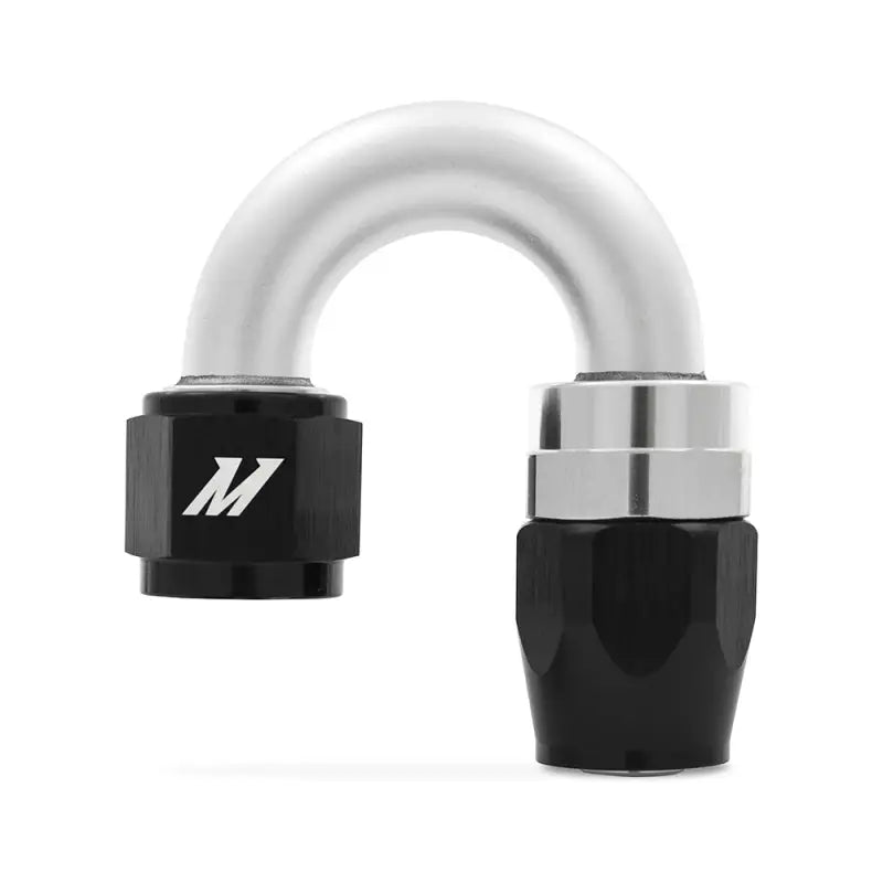 Silver and black Mishimoto Aluminum -10AN 180 degree fitting for easy hose routing