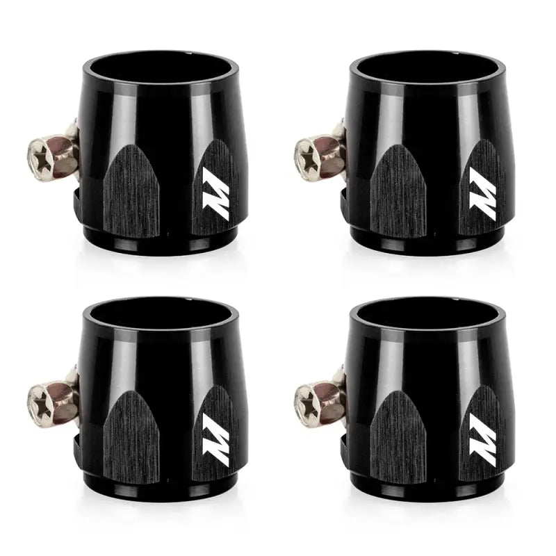 Four black Mishimoto Hex Finishers for -12AN Hex fittings in automotive setup