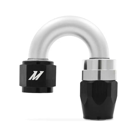 Silver and black mishimoto aluminum -6an 180 degree fitting for seamless hose connection