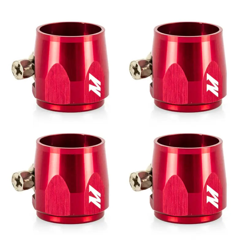 Four red Mishimoto Aluminum -6AN Hex Finishers hose clamps for better fitment