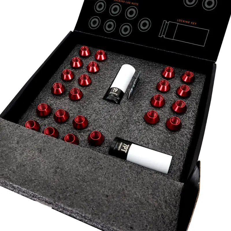 Red lug nuts in box from Mishimoto Aluminum Locking Lug Nuts 1/2 X 20 set