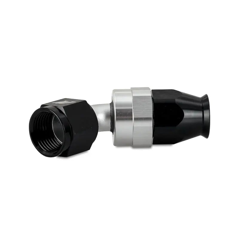 Black and silver Mishimoto Aluminum PTFE -8AN 45 degree swivel hose fitting