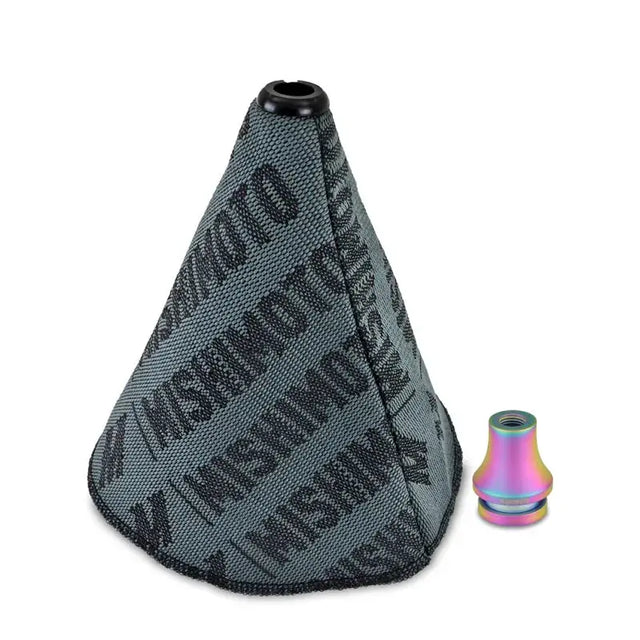 Gray fabric shift boot cover with rainbow metal adapter for M12x1.25 Neo gear shift
