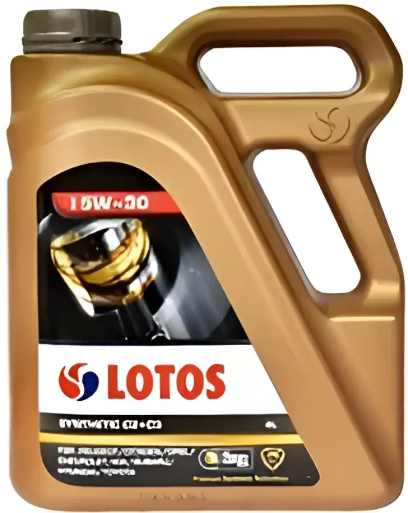 Golden bottle of LOTOS 15W-30 synthetic motor oil.