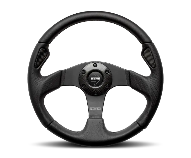 Black leather Momo Jet Steering Wheel with silver accents and central logo