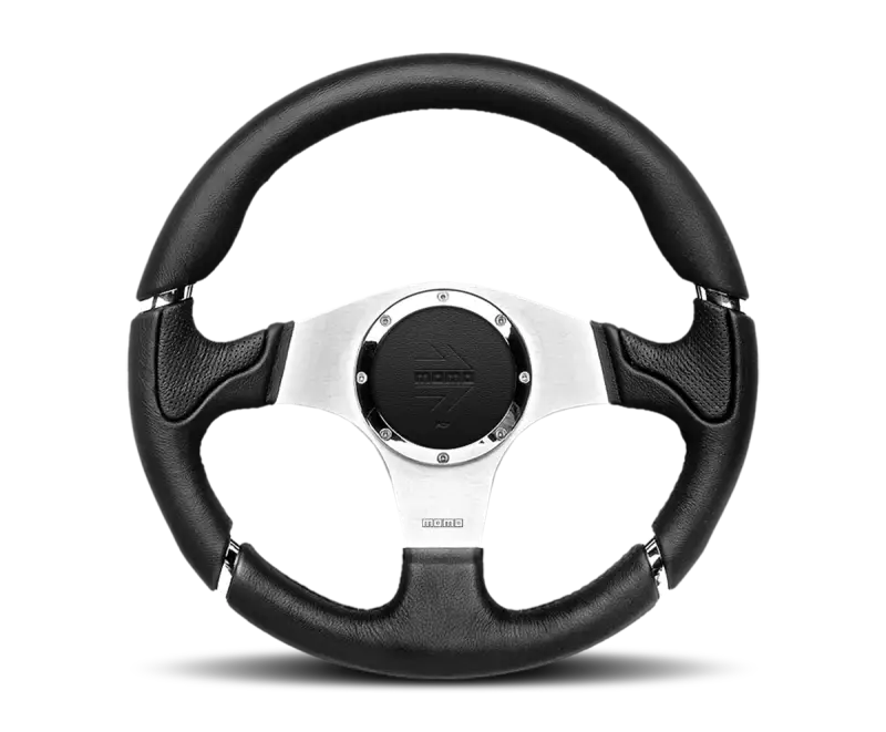 Momo Millenium steering wheel in black leather with silver accents for a sleek look