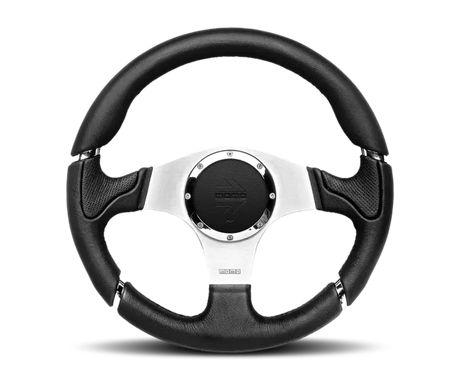 Momo Millenium steering wheel in black leather with silver accents for a sleek look
