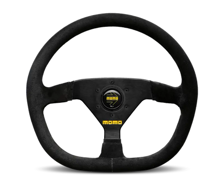Momo MOD88 320 mm steering wheel, black suede grip, black spokes, premium racing design.