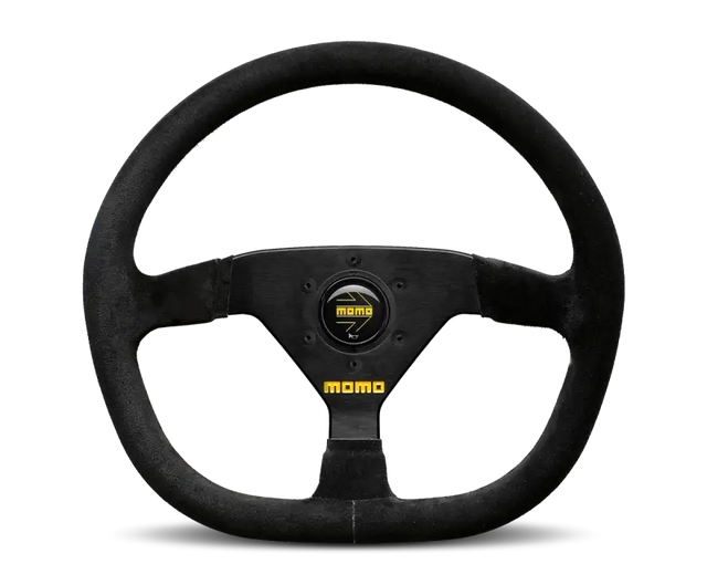 Momo MOD88 320 mm steering wheel, black suede grip, black spokes, premium racing design.