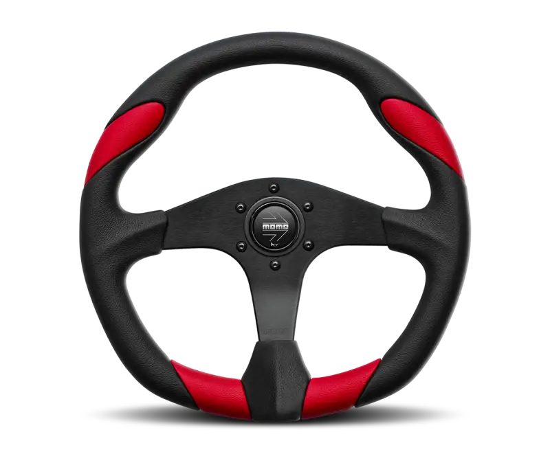 Red and black Momo Quark steering wheel with sporty design and NRG logo front and center